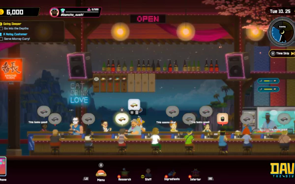 HD desktop wallpaper featuring a scene from the game Dave the Diver, showing a vibrant bar with characters interacting and various gameplay elements displayed on-screen.
