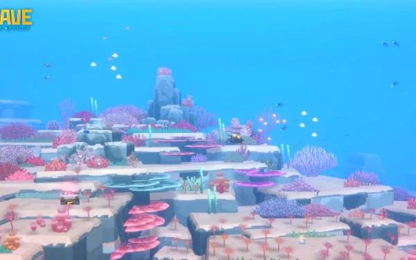 A vibrant underwater scene from the video game Dave the Diver, showcasing colorful corals, marine life, and serene blue waters, set as a stunning HD desktop wallpaper.