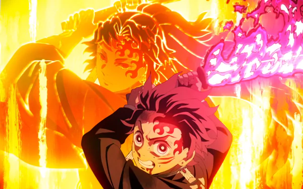 HD PC desktop wallpaper featuring Yoriichi Tsugikuni and Tanjiro Kamado from the anime Demon Slayer: Kimetsu no Yaiba in intense battle poses with fiery backgrounds.