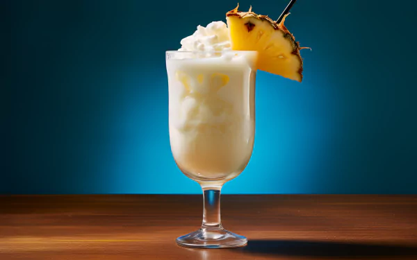 HD wallpaper of a Pina Colada in a glass, garnished with whipped cream and a pineapple slice, set against a blue background.