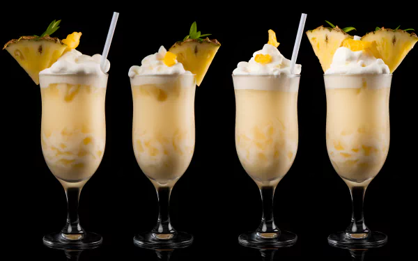 HD wallpaper featuring four Pina Colada cocktails in tall glasses, adorned with whipped cream and pineapple slices, set against a black background.