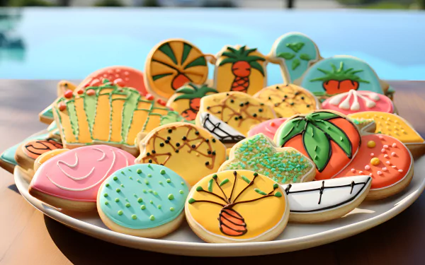 HD desktop wallpaper featuring a vibrant assortment of decorated sugar cookies on a plate, with a blurred poolside background.