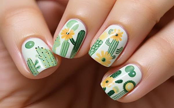 A close-up of a woman's hand showcasing summer nails with vibrant cactus and flower designs, set against a soft background. This HD wallpaper captures a playful seasonal vibe.