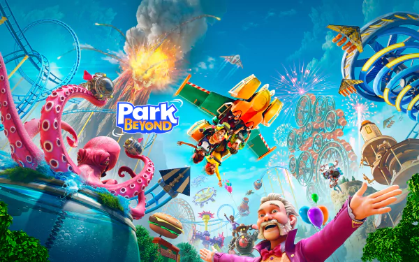 HD desktop wallpaper for Park Beyond featuring a vibrant theme park scene with a giant octopus, roller coasters, and an excited boy reaching for a flying ride.
