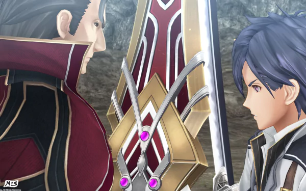 HD desktop wallpaper from The Legend of Heroes: Trails into Reverie featuring a dramatic face-off between two characters with a detailed sword.