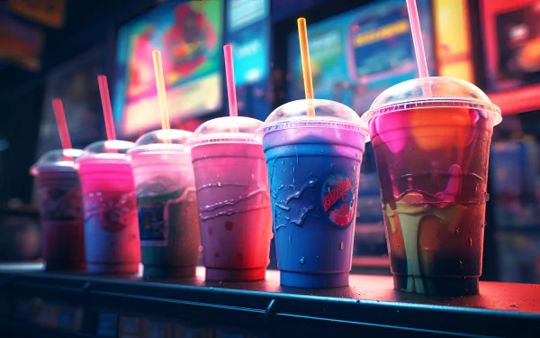 A vibrant HD desktop wallpaper featuring colorful Slurpee cups lined up against a backdrop of neon-lit advertisements, capturing the essence of refreshing summer treats.