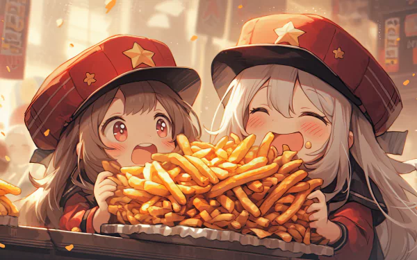 HD desktop wallpaper featuring two animated characters joyfully feasting on a large pile of French fries.