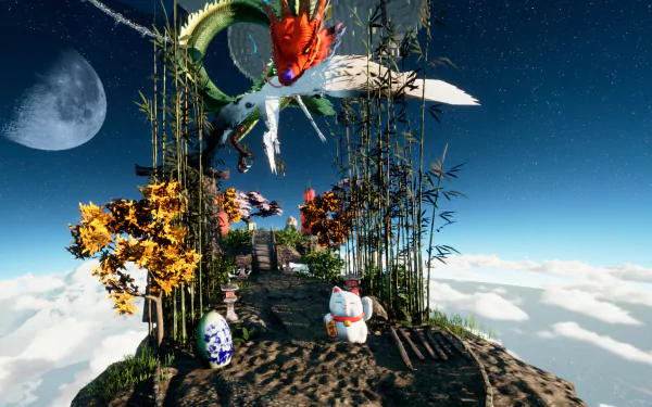 HD desktop wallpaper from the video game Only Up! featuring a fantastical flying dragon and colorful characters on a floating island with bamboo and autumn trees under a large moon.