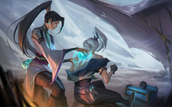 Valorant-themed 4K Ultra HD desktop wallpaper featuring two characters in an intense moment with glowing blue energy, set against a dynamic, misty background.