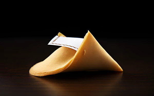 HD desktop wallpaper featuring a close-up of a fortune cookie on a dark wooden surface, with the fortune paper partially sliding out.