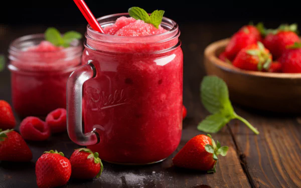 HD wallpaper of a refreshing strawberry daiquiri in a mason jar with a straw, garnished with mint alongside fresh strawberries and raspberries on a wooden surface.