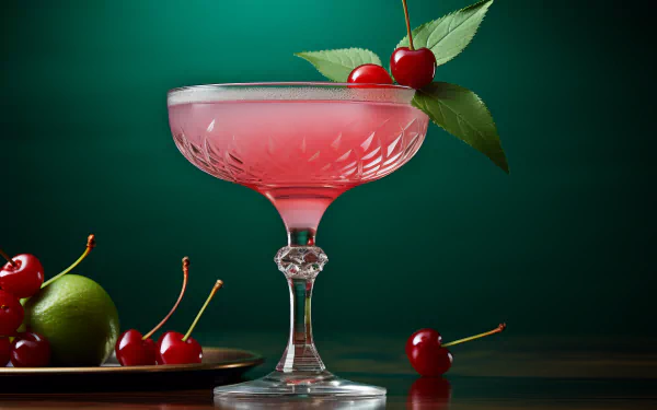 A refreshing daiquiri cocktail in an elegant glass garnished with cherries, set against a dark green background - HD AI art wallpaper.