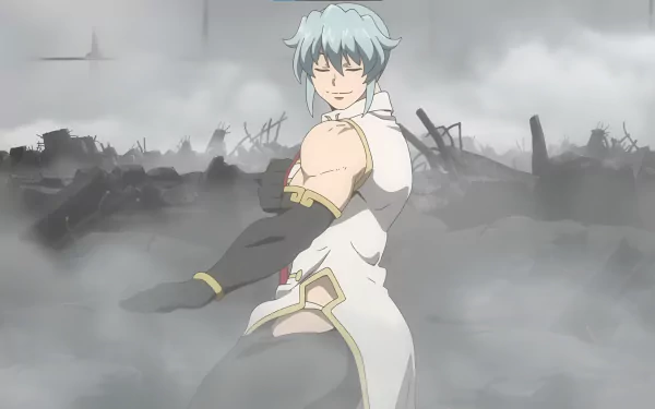 HD desktop wallpaper of Shen from Undead Unluck anime, featuring the character in a battle stance amid a war-torn landscape with gray clouds overhead.