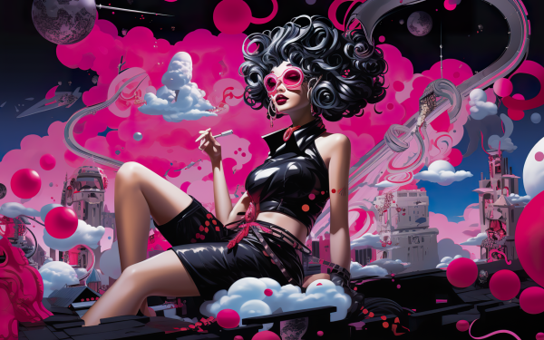 Illustration of a stylish woman in Y2K fashion sitting amidst whimsical clouds and floating pink elements, suitable for HD desktop wallpaper and background.