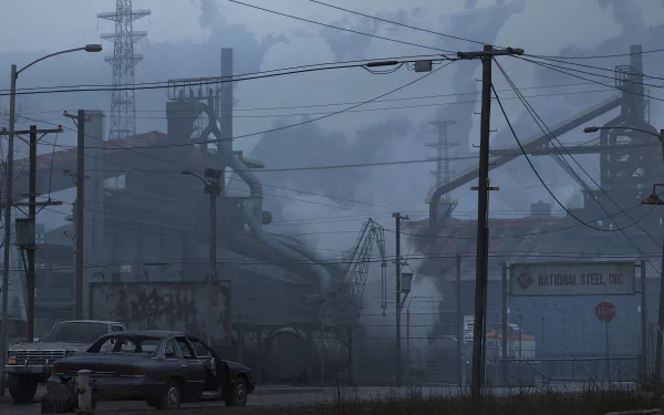 HD Silent Hill: Ascension themed wallpaper featuring a foggy, abandoned street scene with eerie industrial backdrop and vintage car.
