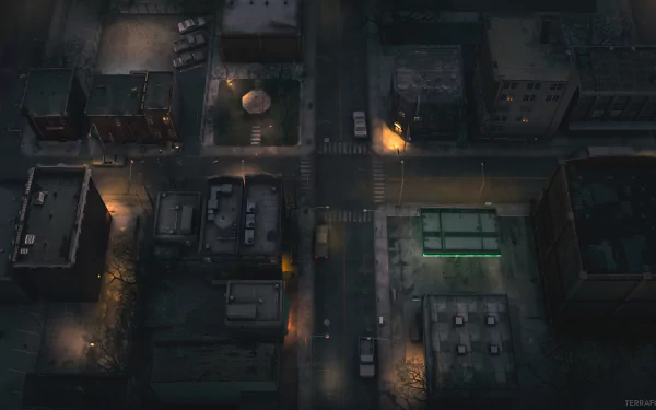 HD desktop wallpaper of Silent Hill: Ascension, featuring a bird's-eye view of a dimly-lit, eerie town at night with desolate streets and abandoned buildings.