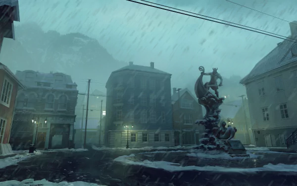 HD wallpaper of Silent Hill: Ascension featuring a haunting snowy town scene with an eerie statue centerpiece.