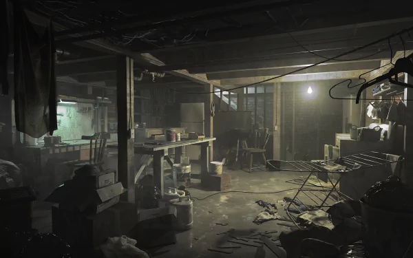 A haunting HD desktop wallpaper from *Silent Hill: Ascension*, featuring a dimly lit, cluttered basement filled with boxes and eerie shadows, evoking a sense of suspense.