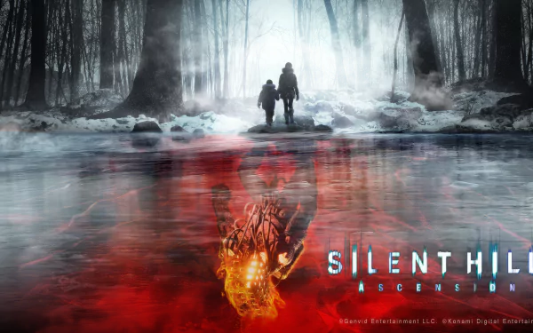 Silent Hill: Ascension HD desktop wallpaper featuring a mysterious figure standing in a foggy, winter forest with a haunting reflection on water.