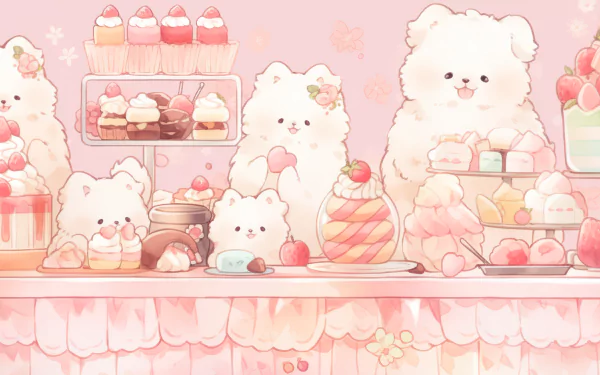HD desktop wallpaper featuring an artistic, kawaii scene with cute, fluffy creatures in a pastel-toned dessert shop.