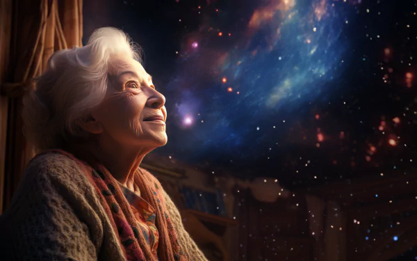 A stunning HD wallpaper featuring a grandmother gazing at the cosmos, combining warmth and wonder with vibrant AI-generated space elements in the background.