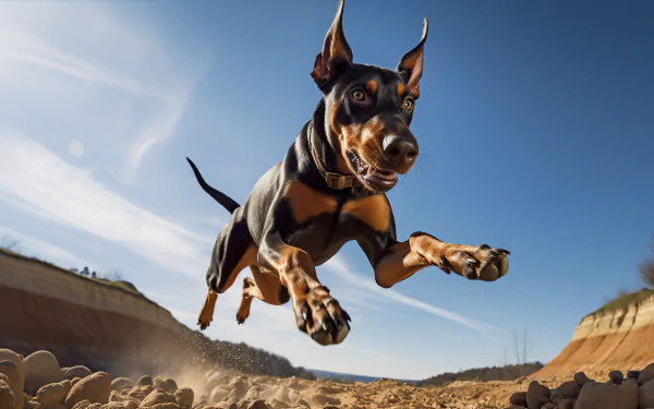 HD desktop wallpaper of a dynamic Doberman Pinscher mid-air in a leap with a clear blue sky and rugged terrain in the background.