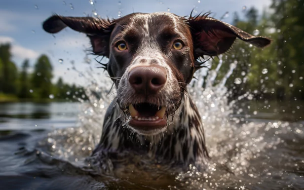 HD desktop wallpaper featuring a close-up of a German Shorthaired Pointer shaking off water energetically in a sunlit lake.