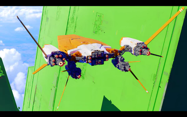 HD desktop wallpaper featuring a colorful sci-fi spaceship with orange and yellow accents flying against a vivid green sky.