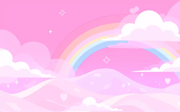 HD desktop wallpaper featuring a Y2K artistic style with a vibrant pink sky, whimsical clouds, and a colorful rainbow, embodying a preppy aesthetic.