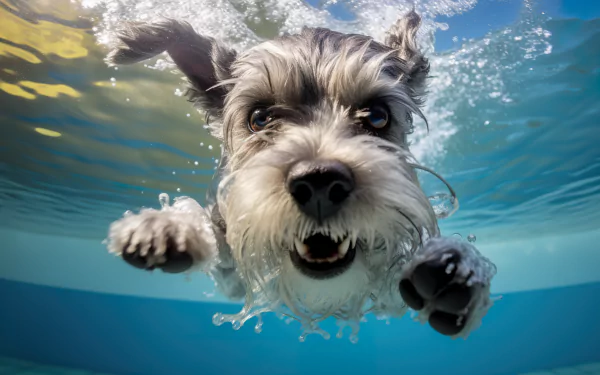 HD desktop wallpaper featuring a Schnauzer dog swimming underwater, captured with dynamic clarity and vibrant colors.