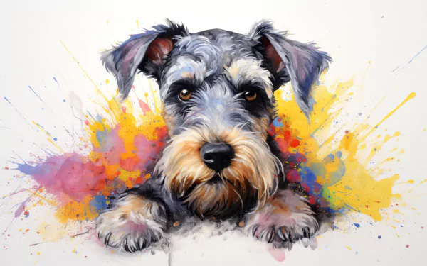 HD desktop wallpaper featuring a vibrant artistic illustration of a schnauzer dog surrounded by colorful splashes of paint.