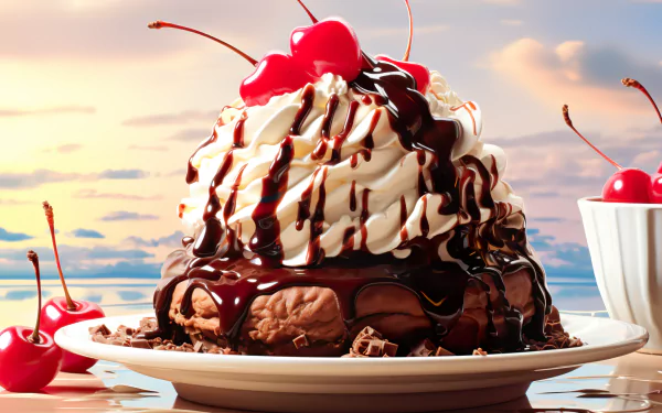HD desktop wallpaper featuring a decadent ice cream sundae with whipped cream, cherries, and rich chocolate sauce against a sunset backdrop.