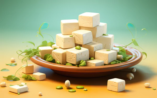 HD desktop wallpaper featuring a vibrant display of tofu cubes on a plate, adorned with green leaves and soybeans, set against a soft gradient background.