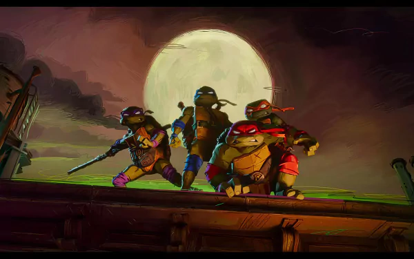 HD wallpaper of Teenage Mutant Ninja Turtles: Mutant Mayhem showcasing the iconic characters in action against a moonlit sky.