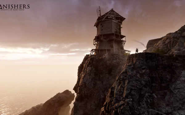 HD desktop wallpaper from Banishers: Ghosts of New Eden featuring a rugged cliff with an old watchtower overlooking the sea at sunset.