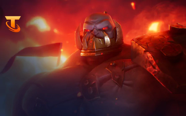 HD desktop wallpaper featuring Sion from League of Legends and Teamfight Tactics, depicted with glowing orange eyes in a fiery battlefield scene.