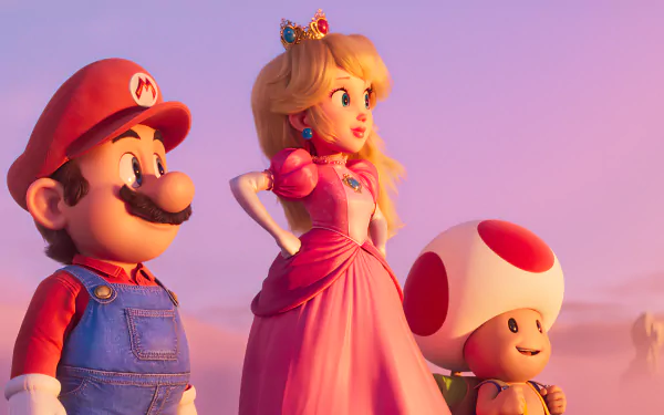 HD desktop wallpaper from the Super Mario Bros. movie (2023) featuring animated characters Mario, Princess Peach, and Toad in a sunset scene.