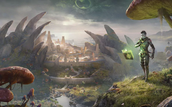 HD desktop wallpaper from The Elder Scrolls Online featuring a mystical landscape with gigantic mushrooms, a mage, and an ancient city under a green-tinted sky.