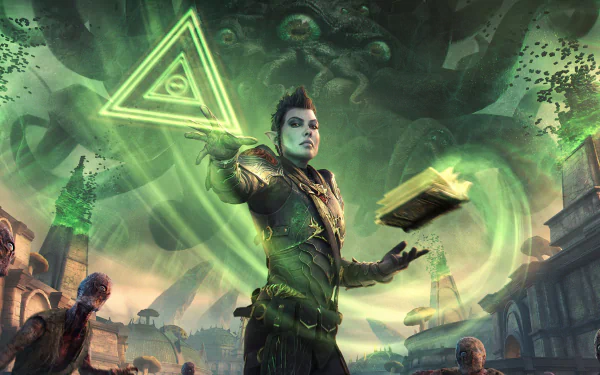 HD wallpaper of a necromancer from The Elder Scrolls Online, wielding magic with a glowing book and mystical triangle symbol, set against a haunting, green-tinged backdrop.