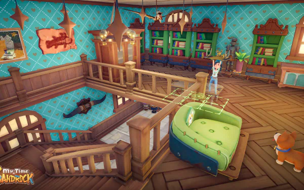 HD desktop wallpaper featuring a vibrant in-game interior from My Time at Sandrock, showing a well-decorated room with furniture and playful pets.