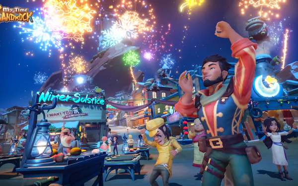 HD desktop wallpaper of My Time at Sandrock featuring vibrant Winter Solstice festival celebrations with a crowd of characters enjoying fireworks.