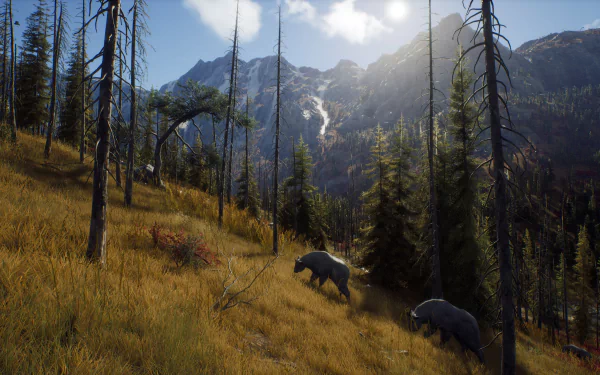 HD wallpaper from the video game Way of the Hunter featuring a scenic forest landscape with bears and mountainous backdrop.