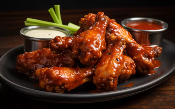 A mouthwatering display of chicken wings coated in rich sauce, served with celery and dipping sauces, set against a dark background for a delightful food-themed HD wallpaper.