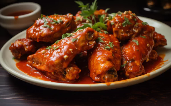 A vibrant plate of chicken wings coated in a rich sauce, garnished with fresh herbs. This HD desktop wallpaper captures the essence of delicious comfort food.