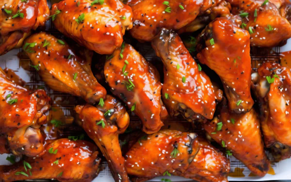 A mouthwatering display of chicken wings coated in a rich sauce, garnished with fresh herbs. This vibrant image makes an appetizing HD wallpaper for food lovers.