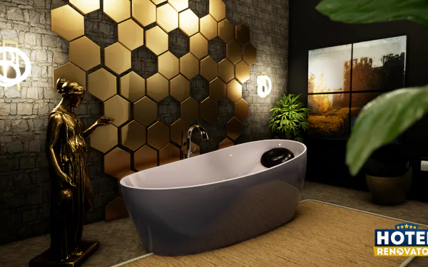 HD desktop wallpaper from the video game Hotel Renovator, featuring a luxurious bathroom with a modern bathtub, artistic wall panels, and elegant decor.