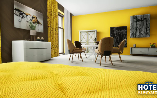 HD wallpaper for Hotel Renovator game featuring a stylish modern hotel room with vibrant yellow walls, chic furniture, and contemporary artwork.