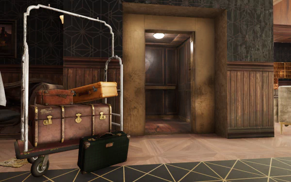 HD desktop wallpaper from the video game Hotel Renovator, depicting a luggage cart in the ornate hallway of a vintage-style hotel.