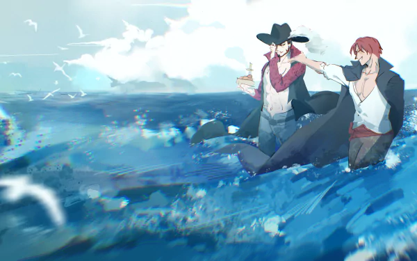 4K Ultra HD PC desktop wallpaper of One Piece anime: Dracule Mihawk and Shanks wading through a bright blue sea, Mihawk with a glass and hat, Shanks smiling against an open ocean backdrop.