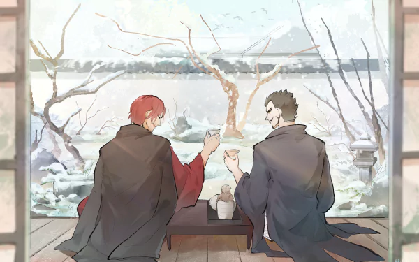 HD anime wallpaper featuring Shanks and Dracule Mihawk from One Piece sharing a quiet moment by a snowy window.